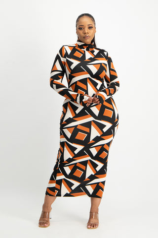 Yolanda Poloneck Bodycon Dress - Rust Geo Print