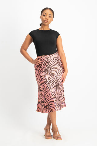Natalie Satin Midi Skirt - Pink Zebra Print