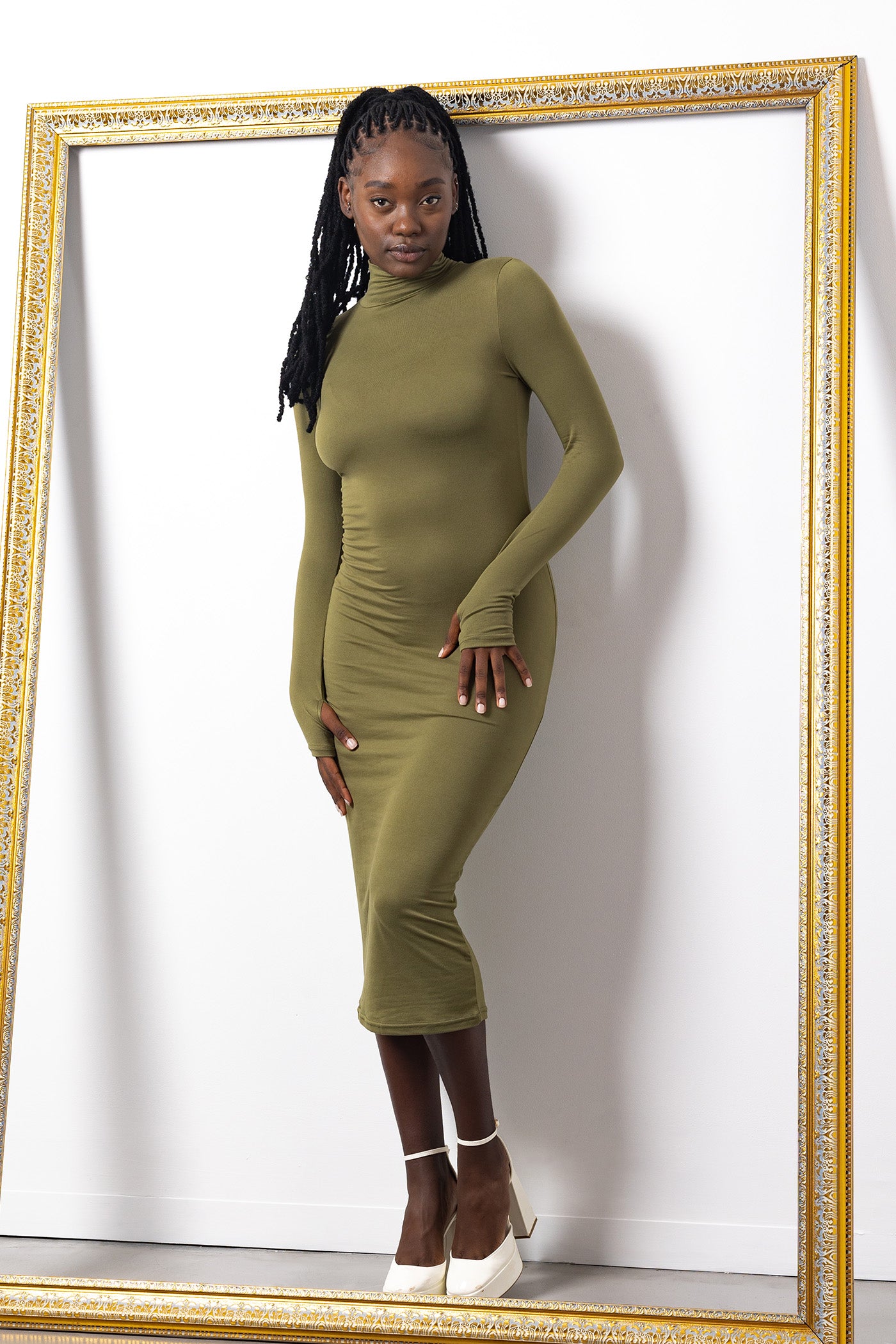 Yolanda Poloneck Bodycon Dress - Fatigue / Olive Shop Brett Robson Yolanda Poloneck Bodycon Dress - Fatigue / Olive Shop Brett Robson