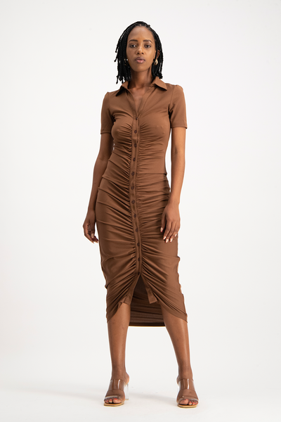 Bella Short Sleeve Ruched Midi Dress - Pinecone