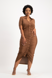 Bella Short Sleeve Ruched Midi Dress - Pinecone