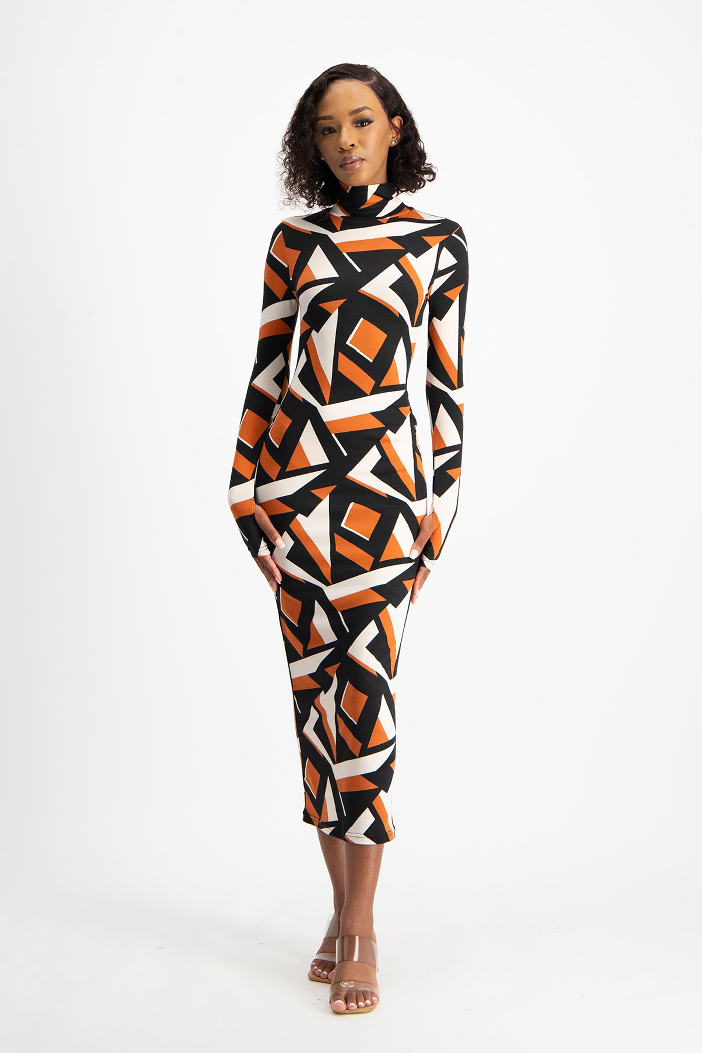 Yolanda Poloneck Bodycon Dress - Rust Geo Print