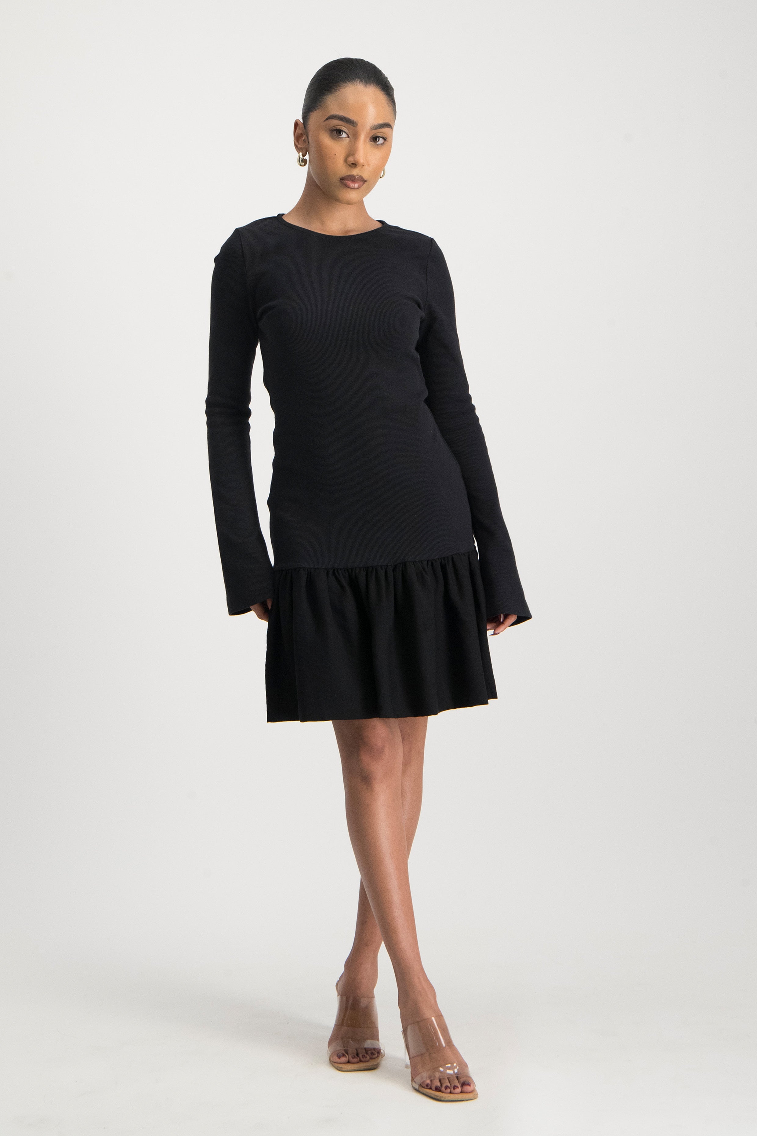 Long Sleeve Ribb Bubble Hem Dress