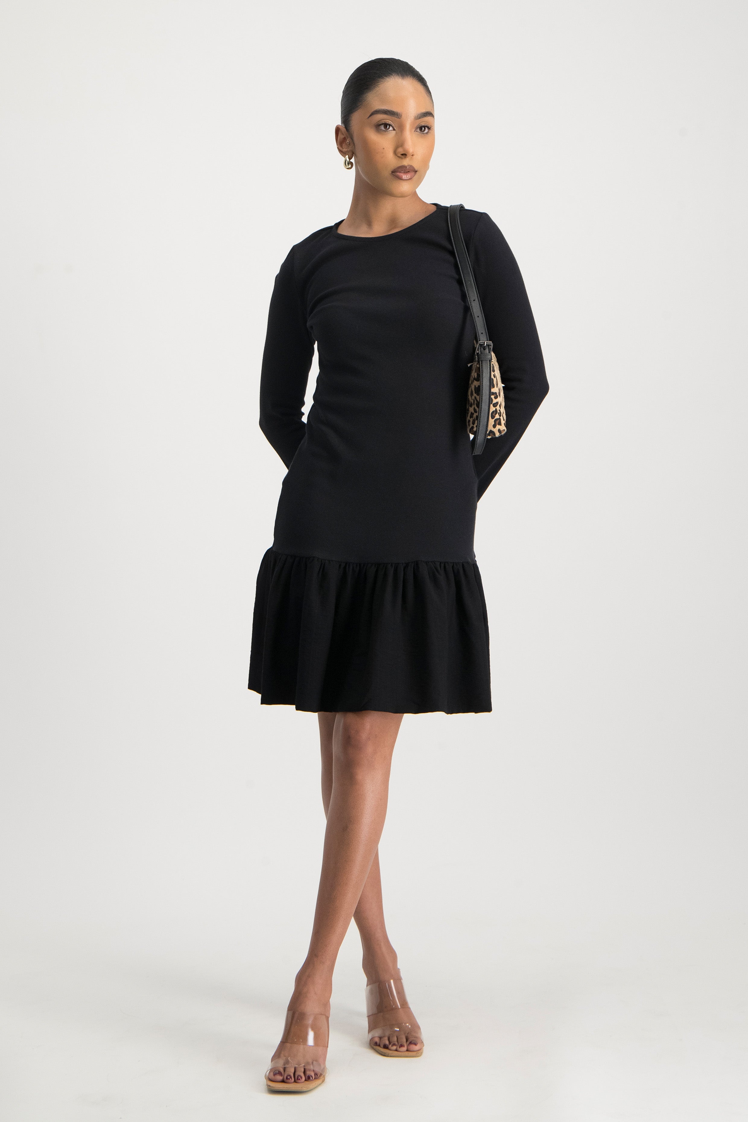 Long Sleeve Ribb Bubble Hem Dress