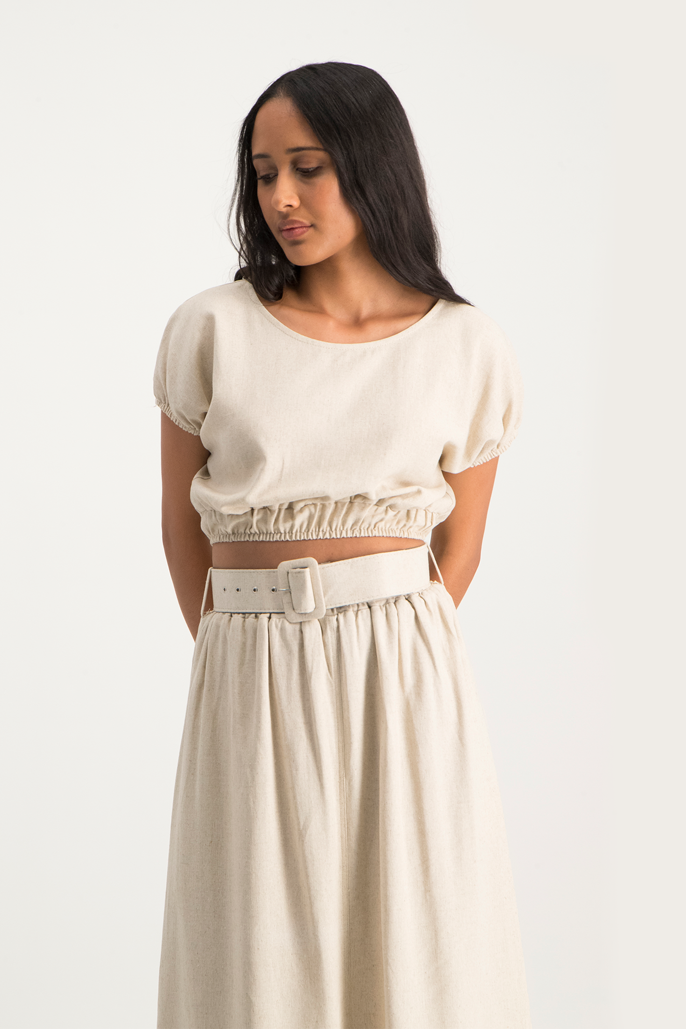 Annika Elasticated Linen Top - Beige