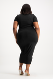 Bella Short Sleeve Ruched Midi Dress - Black