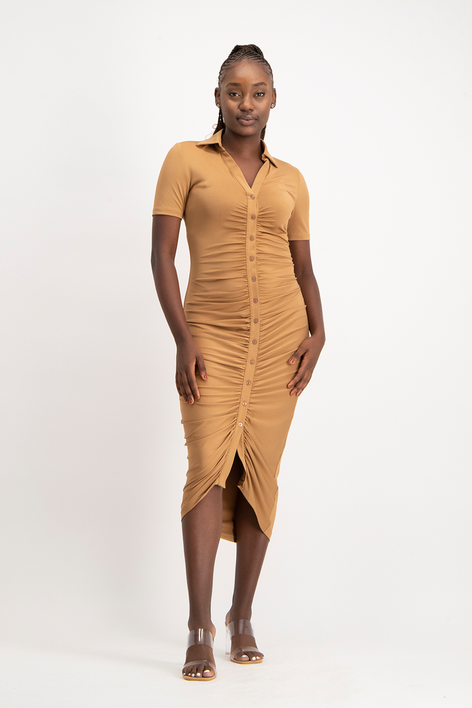 Brown ruched midi hot sale dress