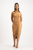 Bella Short Sleeve Ruched Midi Dress - Toasted Coconut