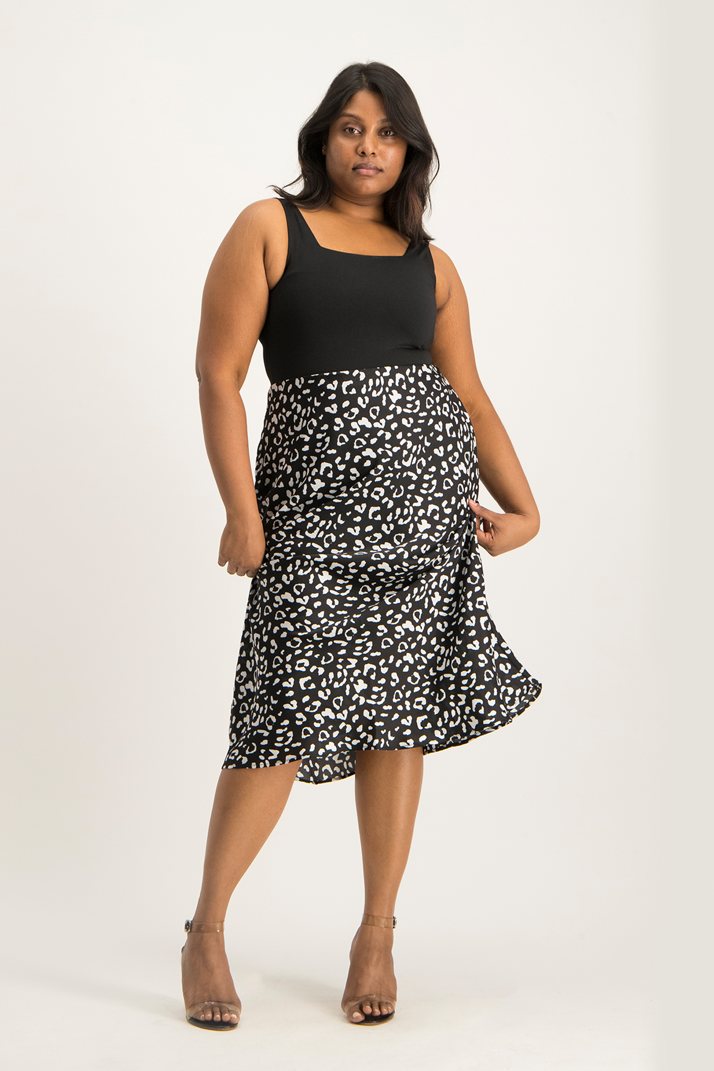 Natalie Satin Midi Skirt - Black Animal Print