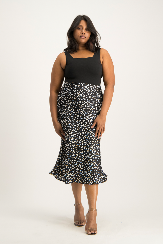 Natalie Satin Midi Skirt Black Animal Print Shop Brett Robson