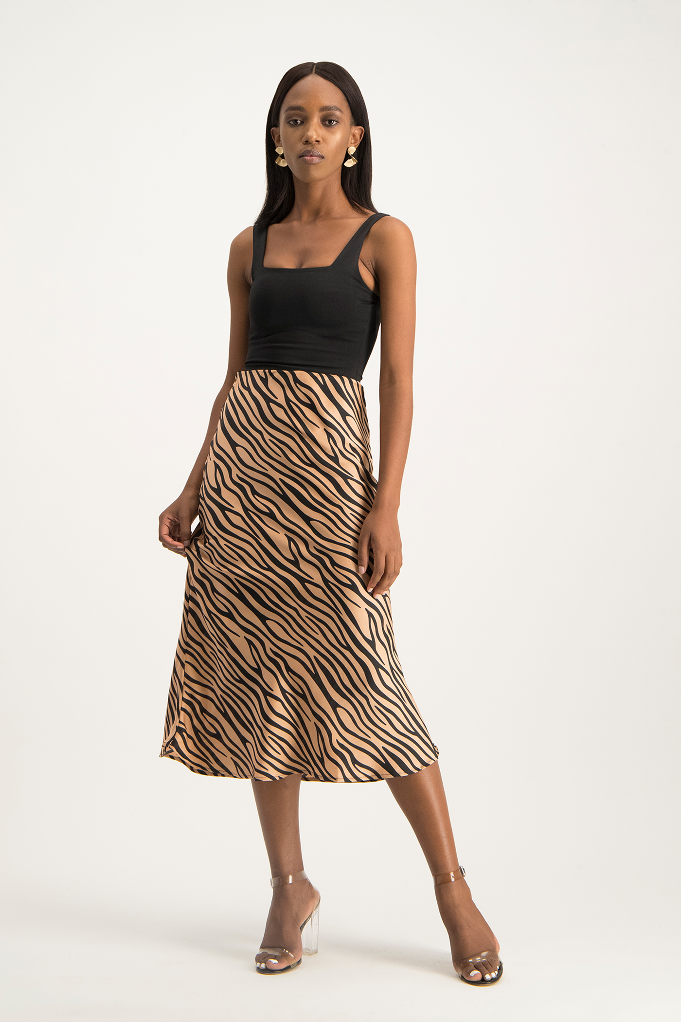 Natalie Satin Midi Skirt - Nude Animal Print