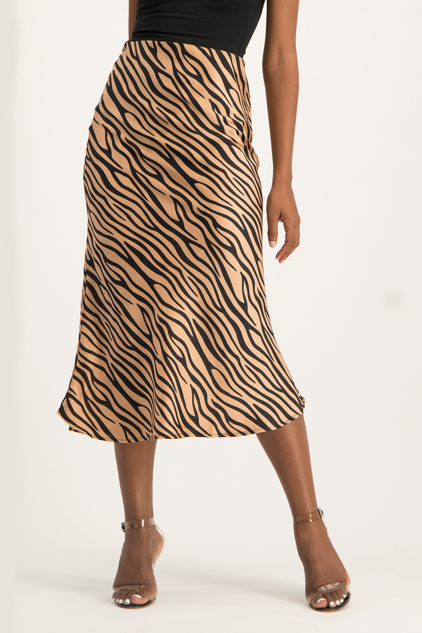 Natalie Satin Midi Skirt - Nude Animal Print